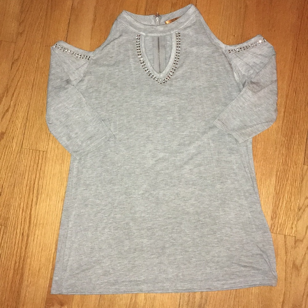 Belldina Gray Open Shoulder Bedazzled Top